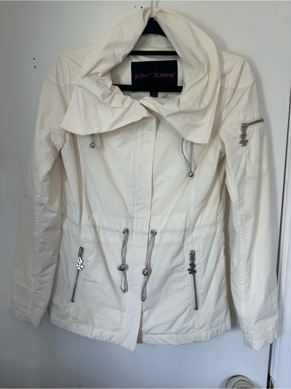Betsey Johnson Cream Drawstring Utility Jacket with Decorative Zippers